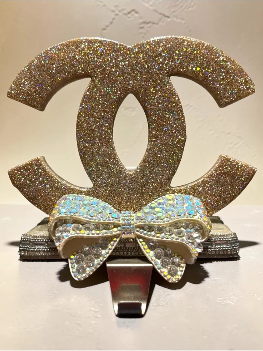 Glitter Rhinestone Bow Christmas Stocking Holder Glam Mantel Decor Handmade